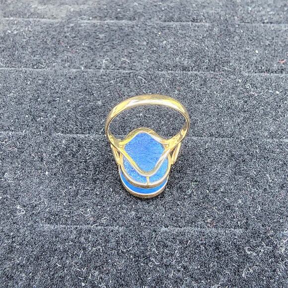 Estate 14k YG Lapis Lazuli Cabochon Pear Cut Inlaid Tiger Bamboo Ring - Picture 7 of 10